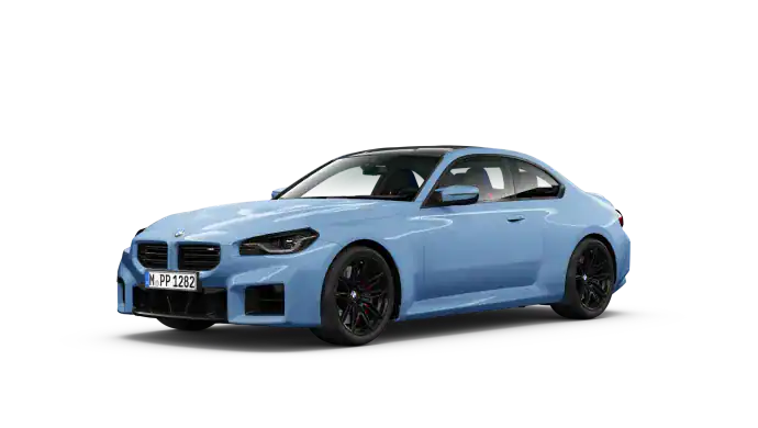 Blaues BMW Coupé auf weißem Hintergrund, seitliche Ansicht.