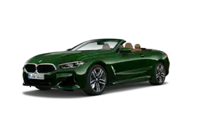 Grüner BMW 8er Cabrio, seitliche Ansicht, vor weißem Hintergrund.