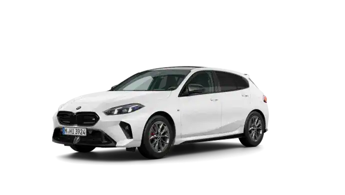 Weißer BMW 1er auf weißem Hintergrund, schräg von vorne fotografiert.