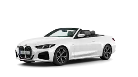 Weißes BMW 4er Cabrio, seitliche Ansicht, mit geöffnetem Verdeck auf weißem Hintergrund.