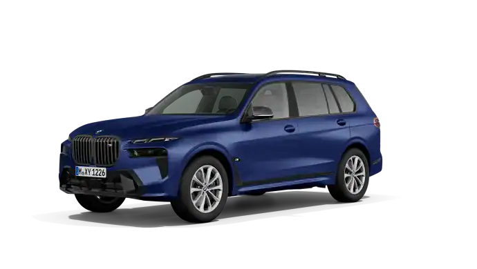 Blauer BMW X7 auf schwarzem Hintergrund, seitliche Ansicht.