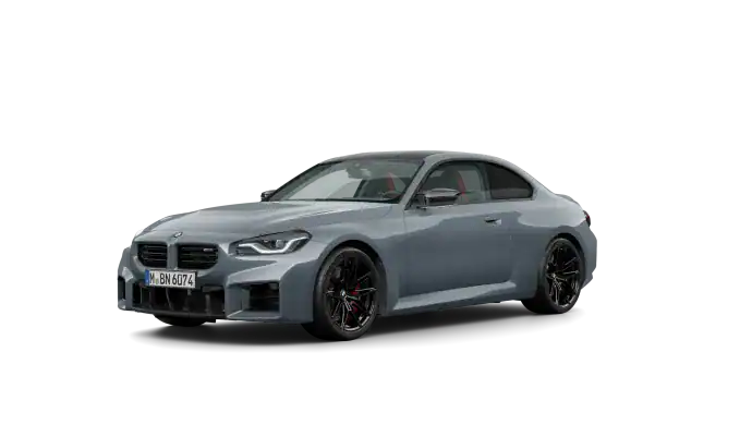 Silbernes BMW 2er Coupé, Seitenansicht, auf weißem Hintergrund.