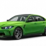 Grüne BMW Limousine, seitliche Ansicht, weißer Hintergrund.