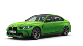 Grüne BMW Limousine, seitliche Ansicht, weißer Hintergrund.