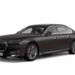 Dunkelgrauer BMW 7er Limousine, seitliche Ansicht, freigestellt auf weißem Hintergrund.