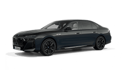 Dunkelgrauer BMW M7 Limousine, Seitenansicht, auf weißem Hintergrund.