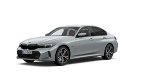 Silberner BMW 3er Limousine, Seitenansicht, auf weißem Hintergrund.