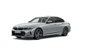 Silberner BMW 3er Limousine, seitliche Ansicht, auf weißem Hintergrund.