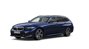 Blauer BMW 3er Touring auf weißem Hintergrund, seitlich von links abgebildet.