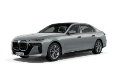 Silberne BMW-Limousine auf weißem Hintergrund, Seitenansicht.