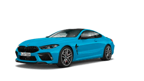 Blaues BMW 8er Coupé M-Modell, seitlich fotografiert, auf weißem Hintergrund.