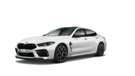 Weißes BMW 8er Gran Coupé, seitliche Frontansicht, auf weißem Hintergrund.