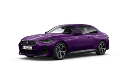 Lila BMW 2er Coupé, seitlich fotografiert, auf weißem Hintergrund.