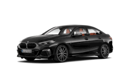 Schwarzes BMW 2er Gran Coupé, seitliche Frontansicht auf weißem Hintergrund.