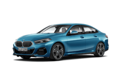 Ein blaues BMW 2er Gran Coupé, seitlich von vorne fotografiert auf weißem Hintergrund.